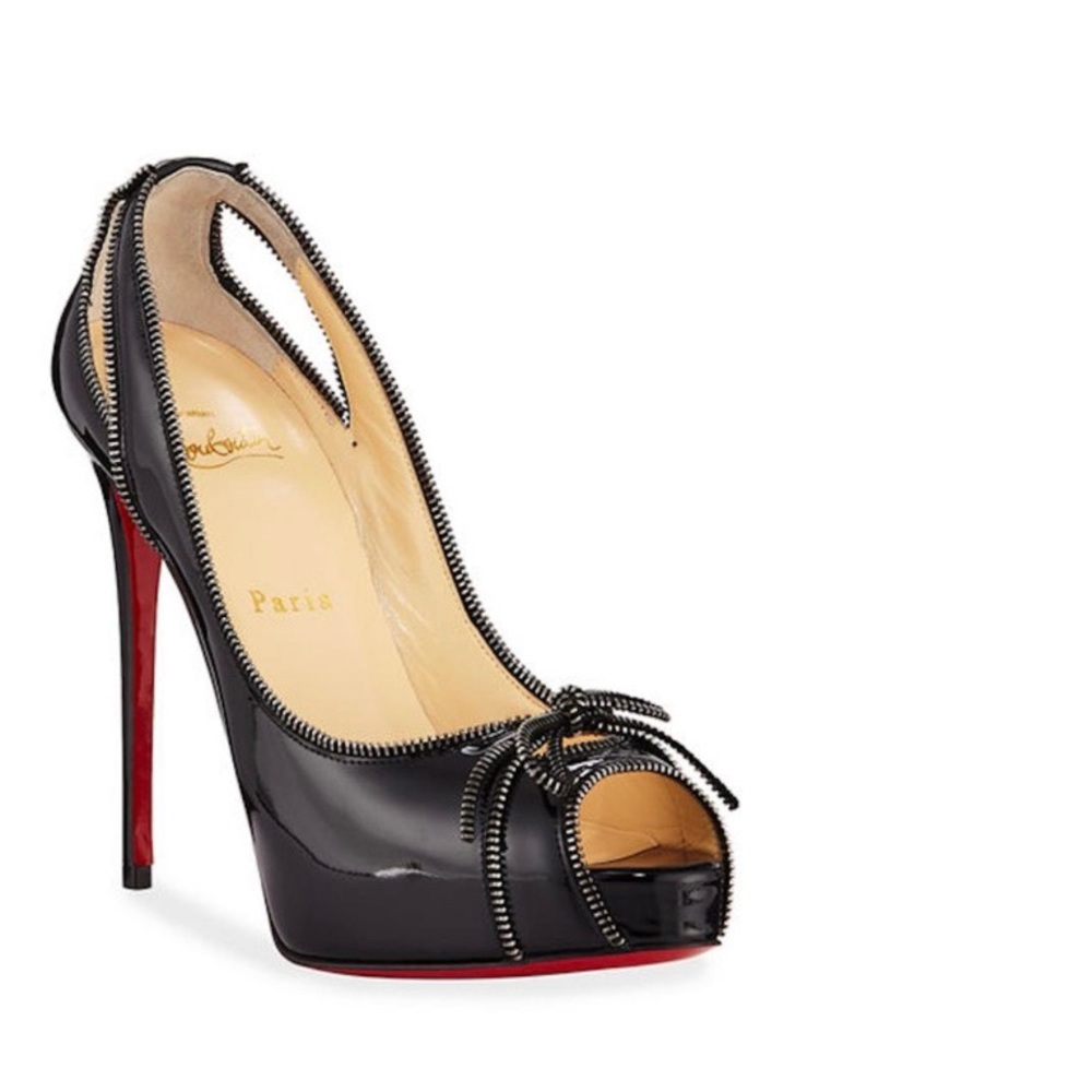 Black Colbina 120 Patent Zipper Peep Toe Pumps